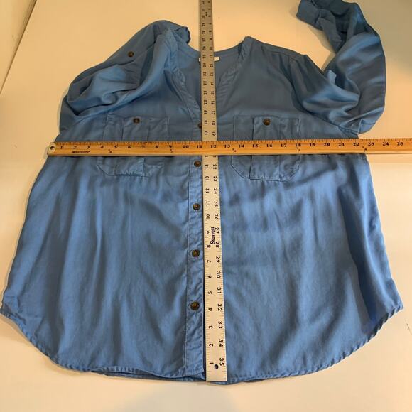 J Jill Shirt Women L Large Copen Blue Tab Sleeve Button Up Pockets Long Sleeve - Picture 9 of 14